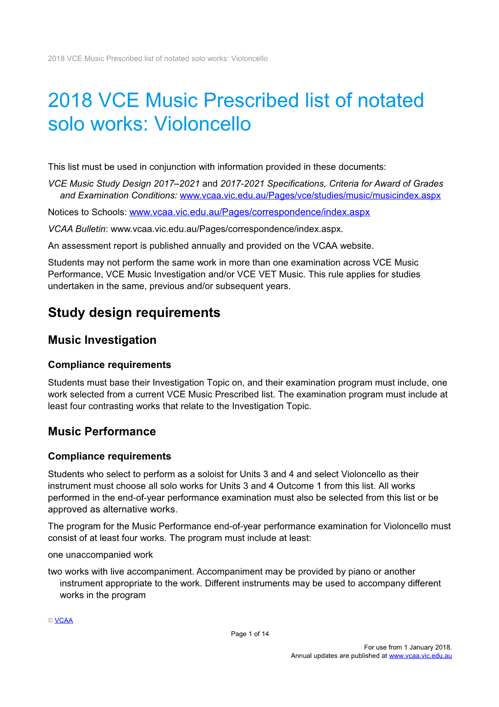 2018 VCE Music Prescribed List of Notated Solo Works: Violoncello