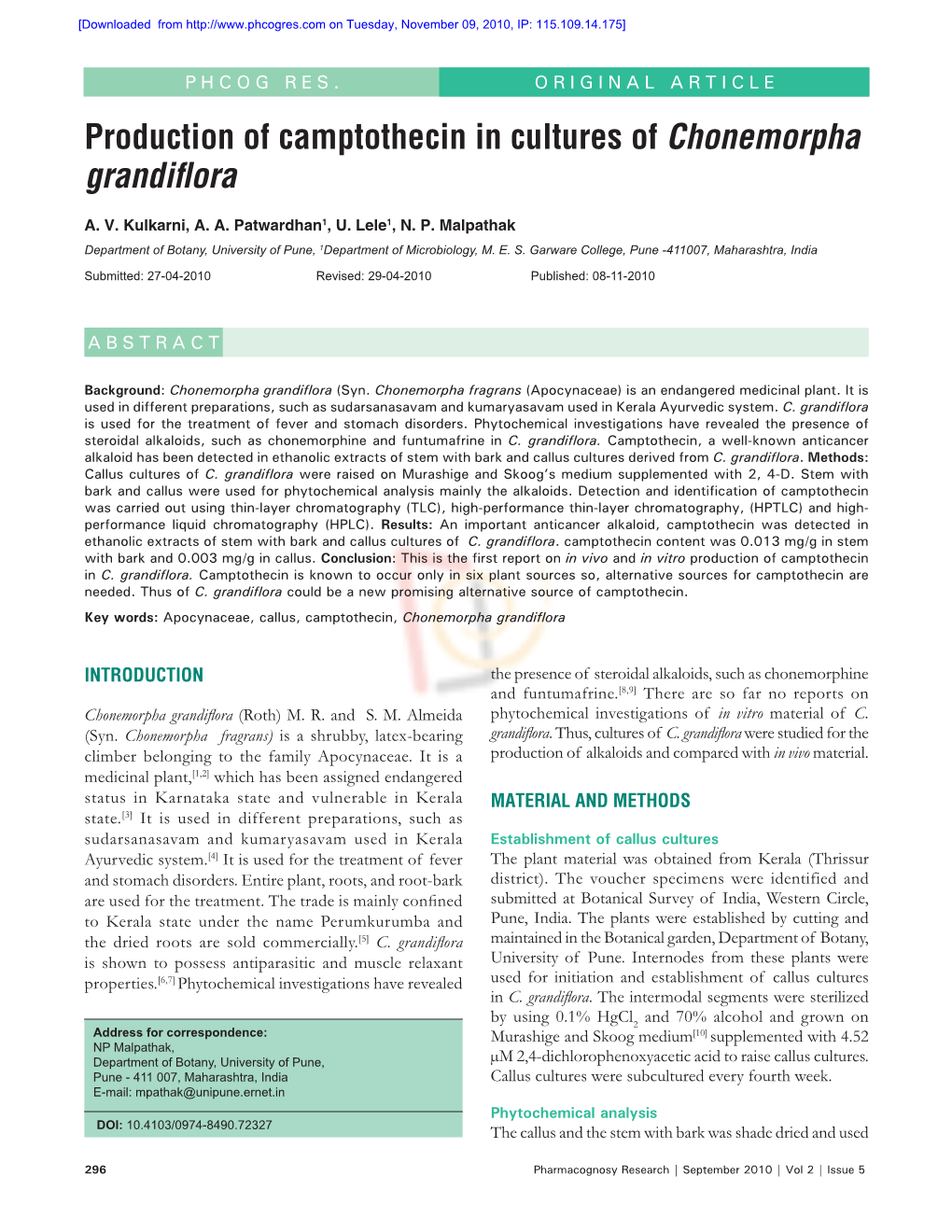 Production of Camptothecin in Cultures of Chonemorpha Grandiflora