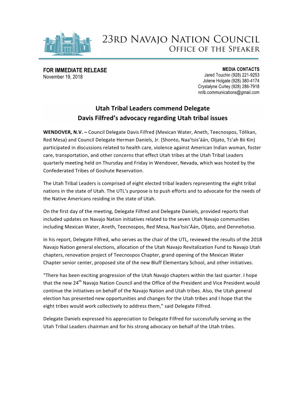 Utah Tribal Leaders Commend Delegate Davis Filfred's Advocacy Regarding Utah