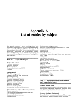 Appendix a List of Entries by Subject