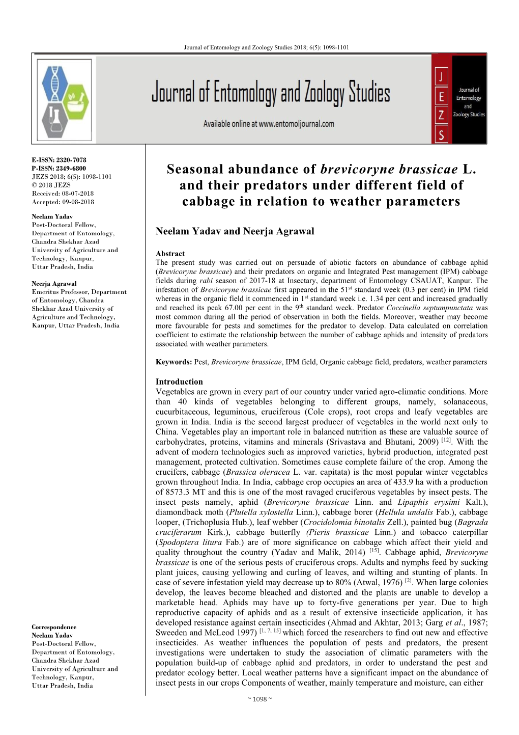 Seasonal Abundance of Brevicoryne Brassicae L. and Their Predators