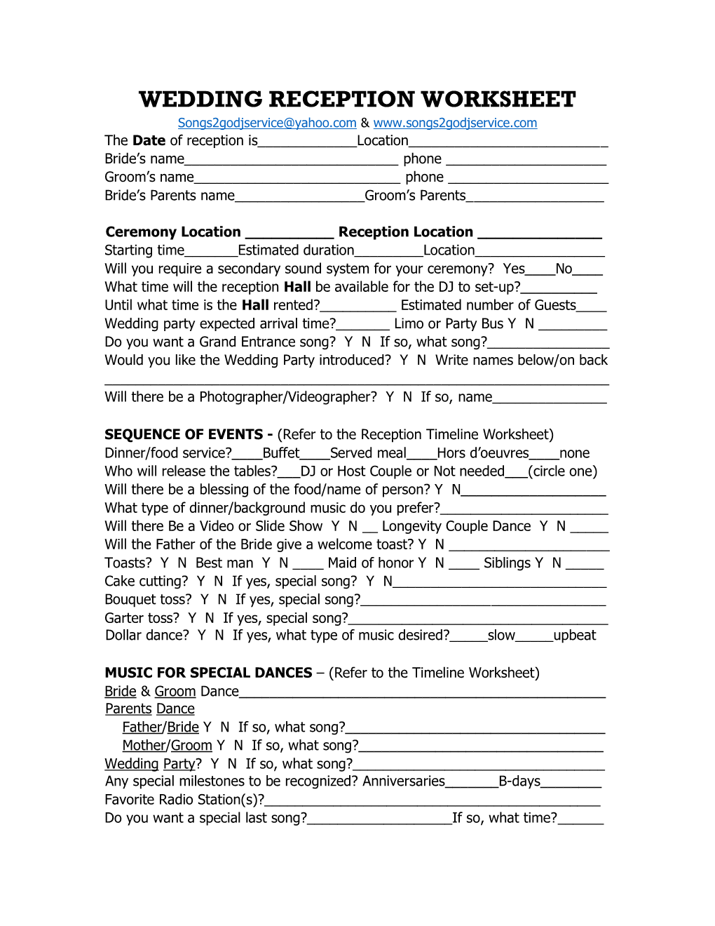 Wedding Reception Worksheet