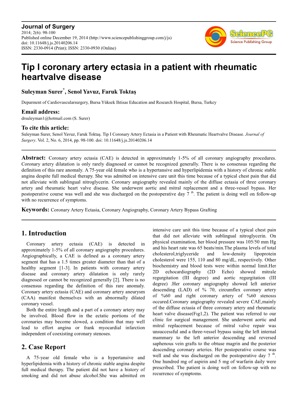 Tip I Coronary Artery Ectasia in a Patient with Rheumatic Heartvalve Disease