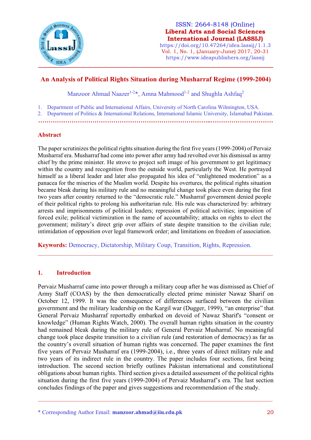 An Analysis of Political Rights Situation During Musharraf Regime (1999-2004)