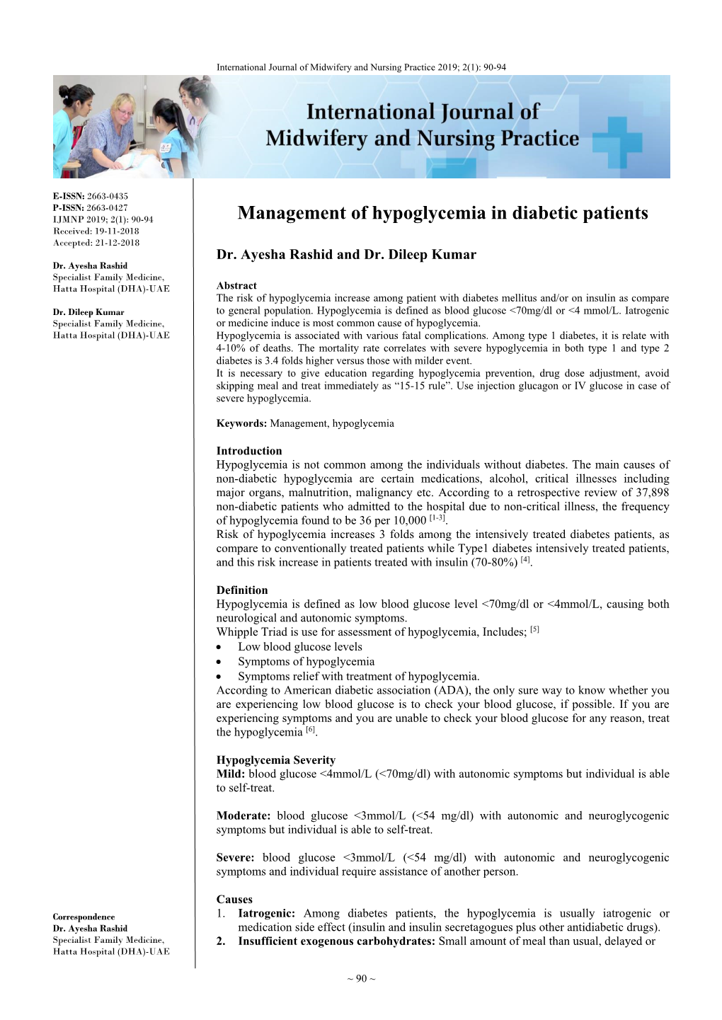 Management of Hypoglycemia in Diabetic Patients Received: 19-11-2018 Accepted: 21-12-2018 Dr