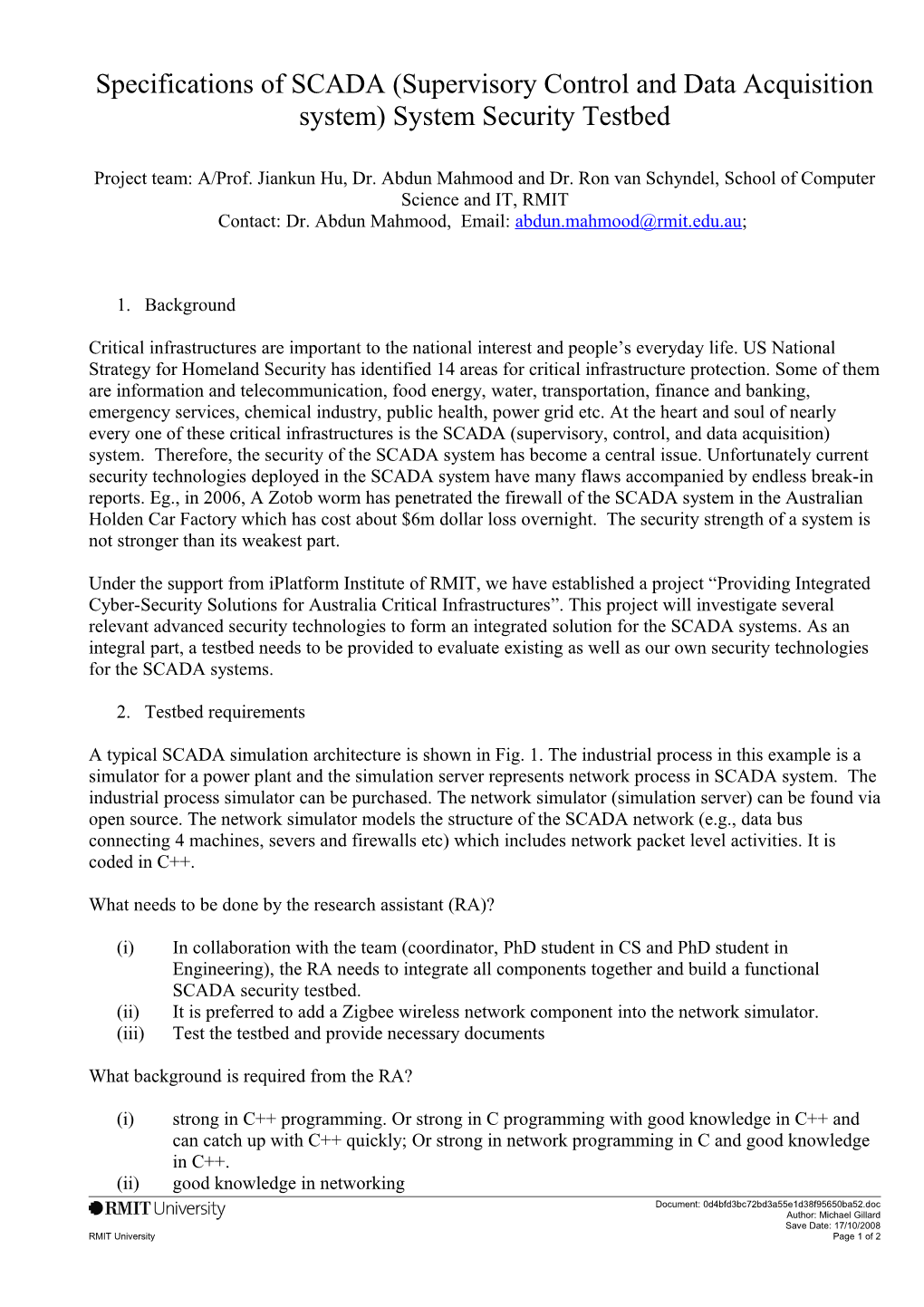 Specifications of SCADA (Supervisory Control and Data Acquisition System) System Security