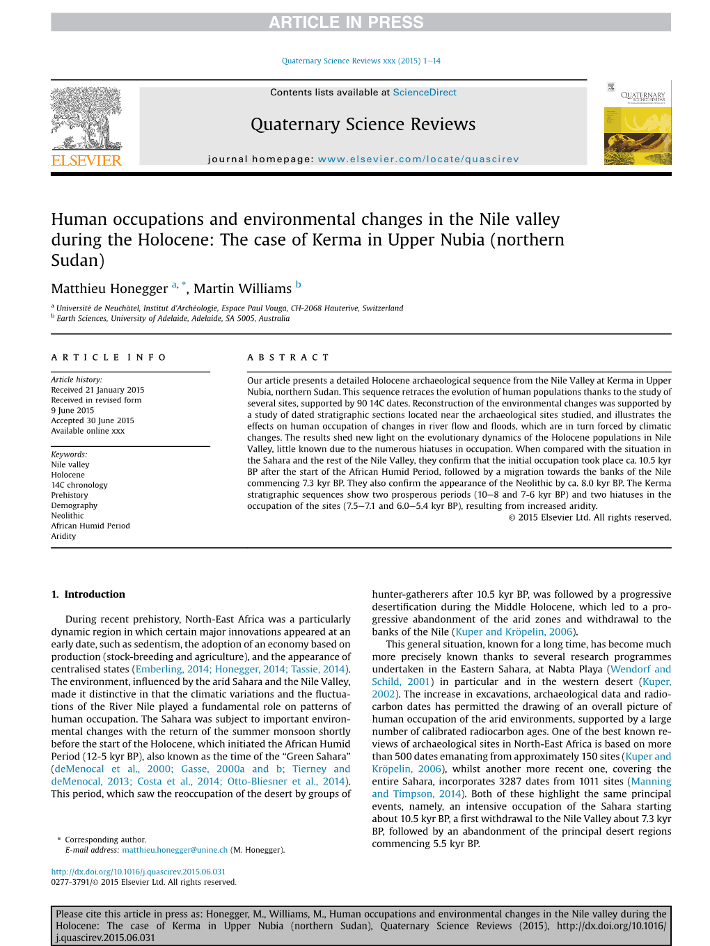 Human Occupations and Environmental Changes in the Nile Valley During the Holocene: the Case of Kerma in Upper Nubia (Northern Sudan)