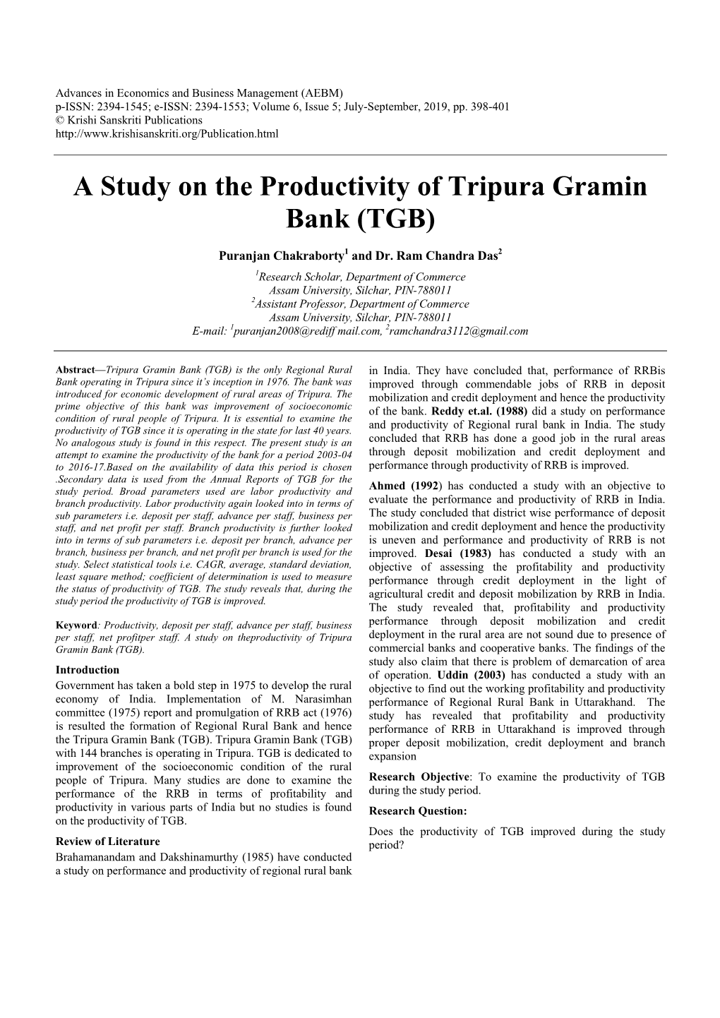 A Study on the Productivity of Tripura Gramin Bank (TGB)