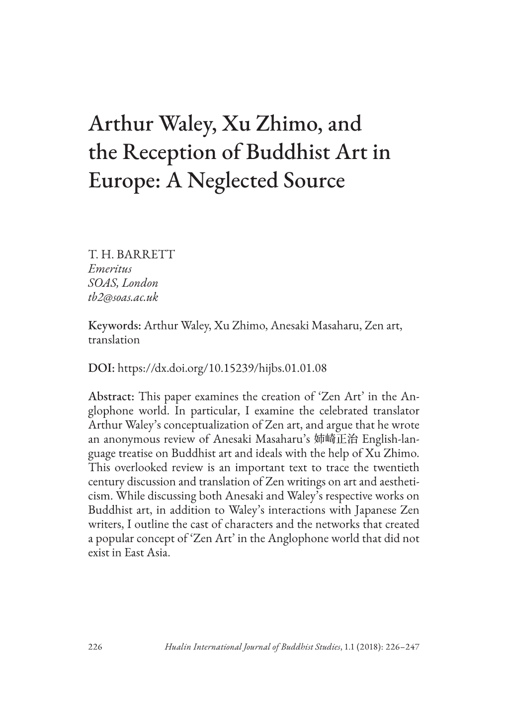 Arthur Waley, Xu Zhimo, and the Reception of Buddhist Art in Europe: a Neglected Source