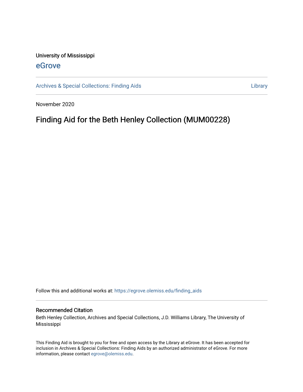 Finding Aid for the Beth Henley Collection (MUM00228)