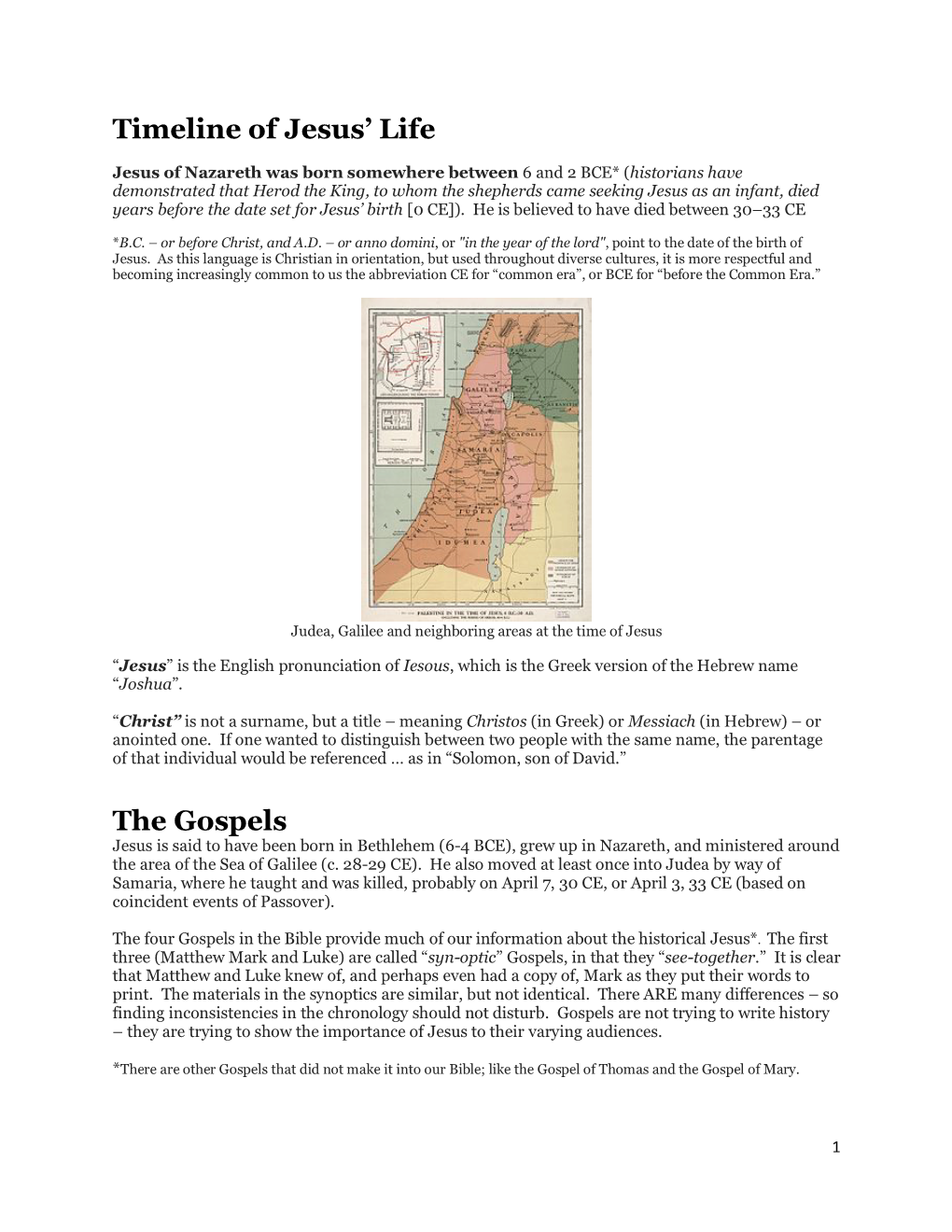 Timeline of Jesus' Life the Gospels