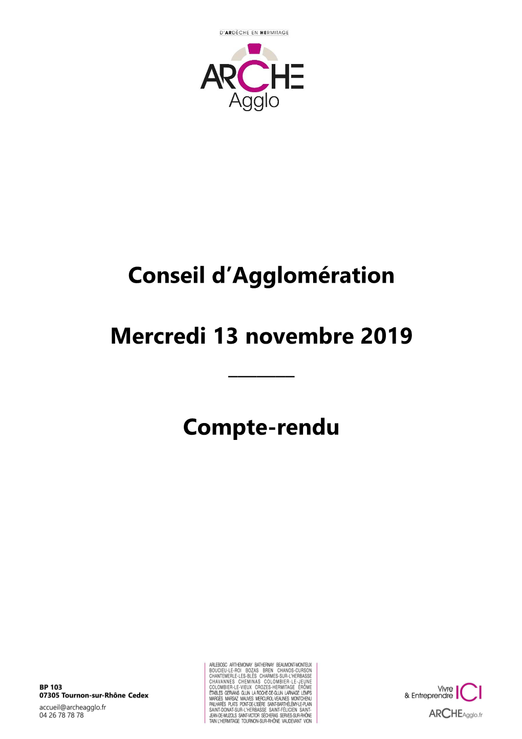 Conseil D'agglomération Mercredi 13 Novembre 2019 ___Compte