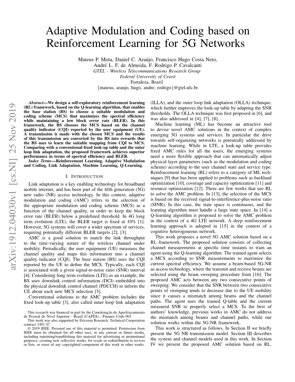 Adaptive Modulation and Coding Based on Reinforcement Learning for 5G Networks