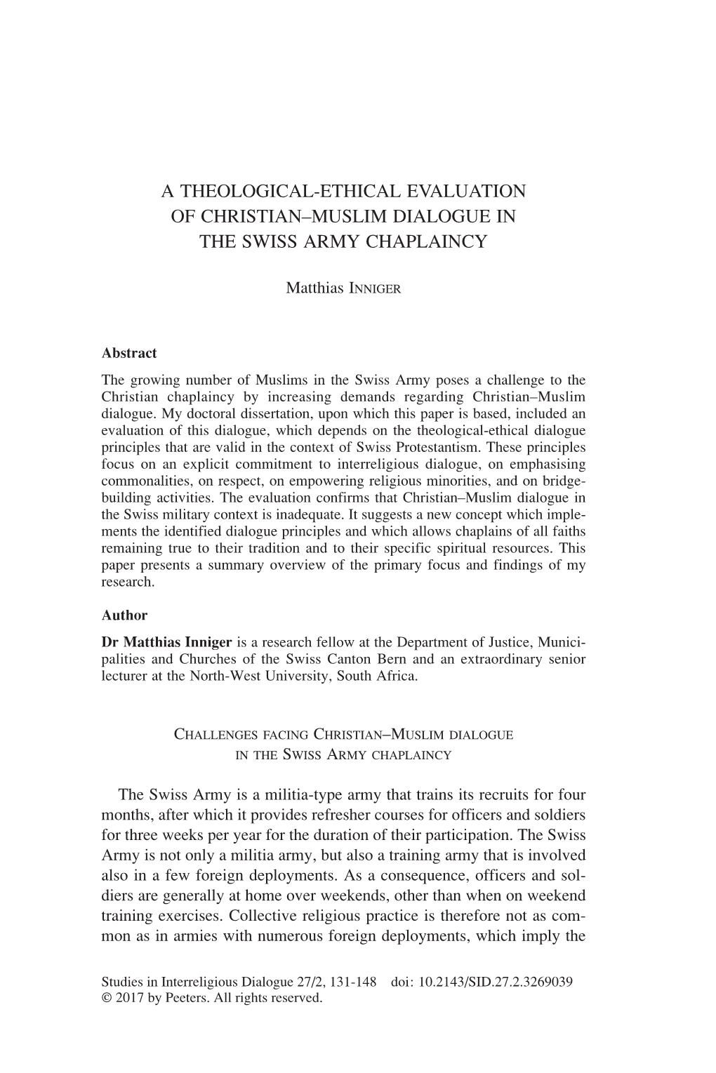 A Theological-Ethical Evaluation of Christian–Muslim Dialogue in the Swiss Army Chaplaincy