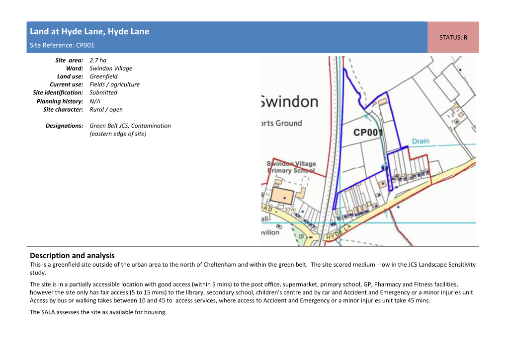 Land at Hyde Lane, Hyde Lane STATUS: R Site Reference: CP001