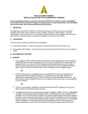 94Th ACADEMY AWARDS SPECIAL RULES for the DOCUMENTARY AWARDS
