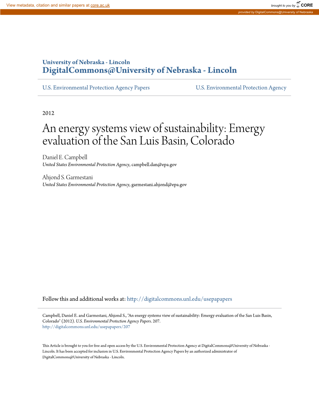 Emergy Evaluation of the San Luis Basin, Colorado Daniel E