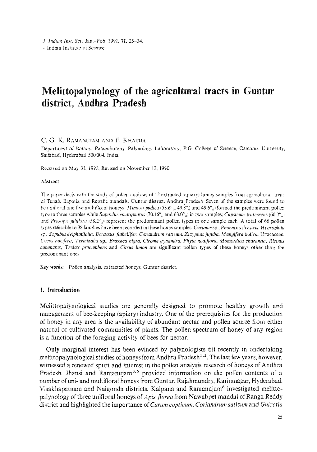 Melittopalynology of the Agricultural Tracts in Guntur District, Andhra Pradesh