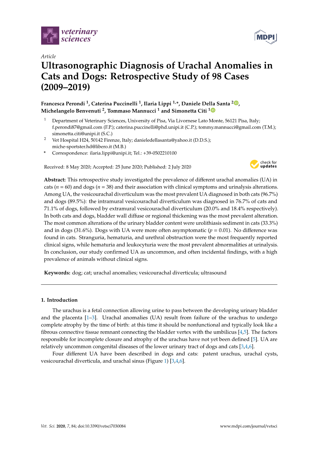 Ultrasonographic Diagnosis of Urachal Anomalies in Cats and Dogs: Retrospective Study of 98 Cases (2009–2019)