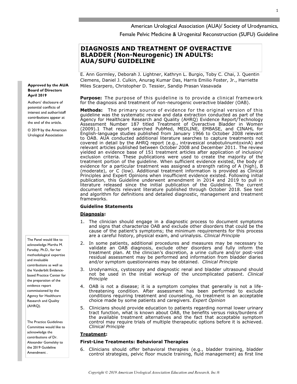 DIAGNOSIS and TREATMENT of OVERACTIVE BLADDER (Non-Neurogenic) in ADULTS: AUA/SUFU GUIDELINE