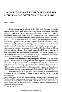 Astrei Şi a Academiei Române, Până La 1918