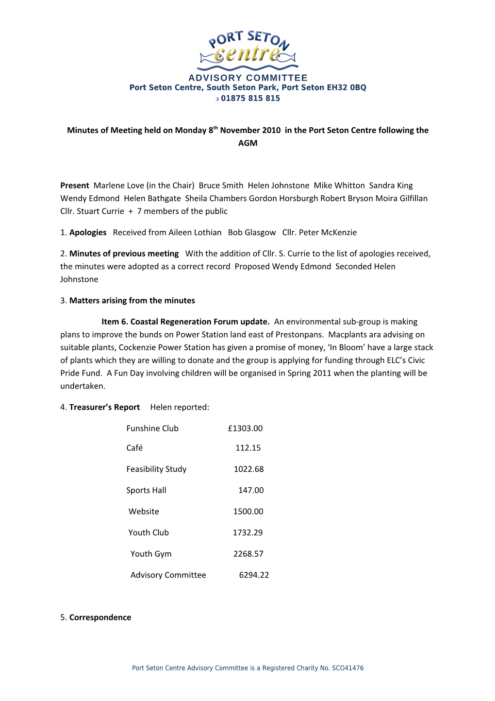 Minutes of Meeting Held on Monday 8Th November 2010 in the Port Seton Centre Following the AGM