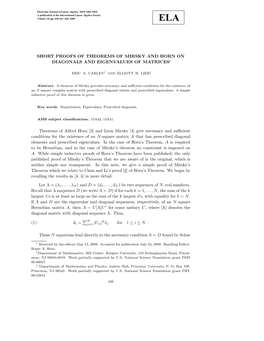 Short Proofs of Theorems of Mirsky and Horn on Diagonals and Eigenvalues of Matrices∗