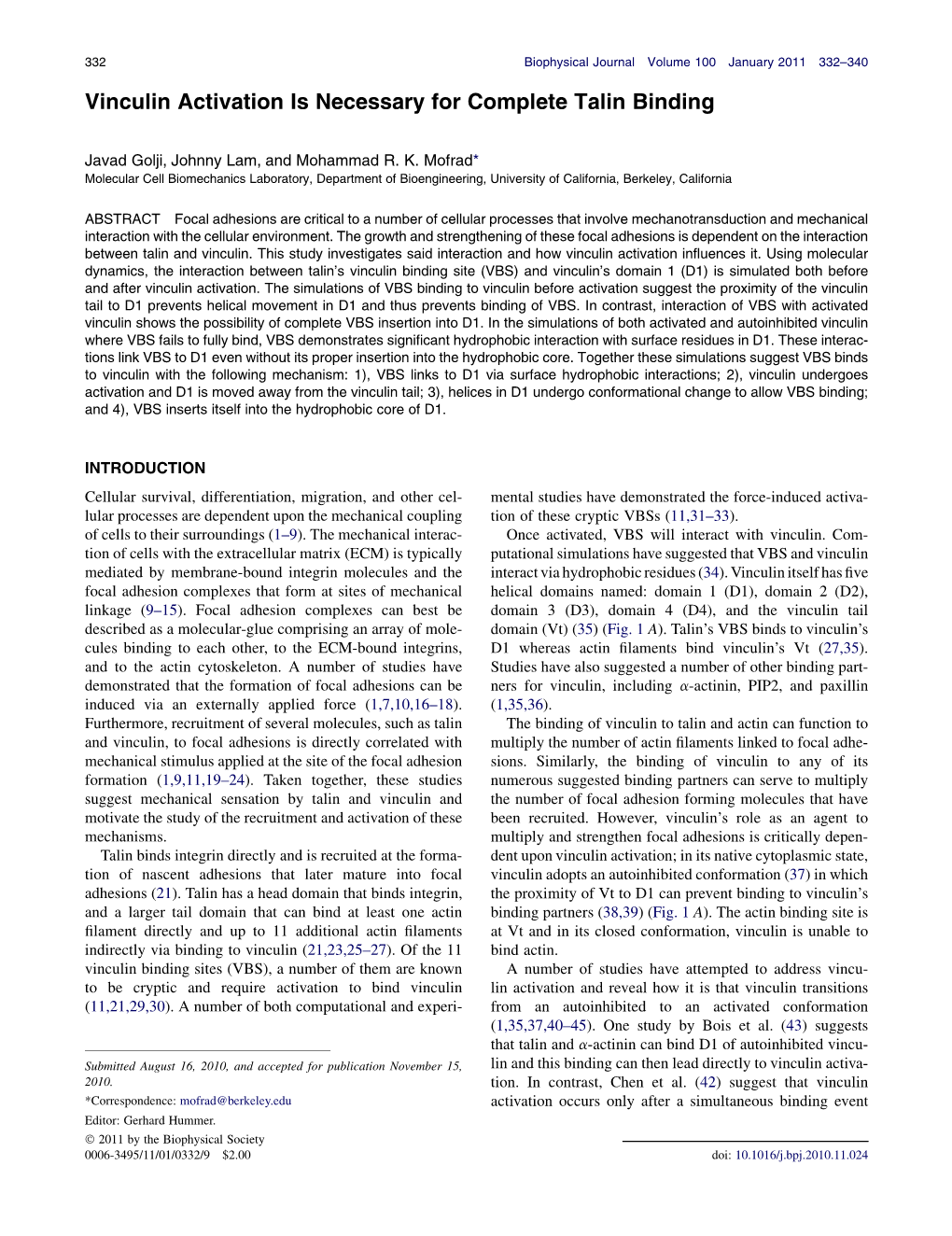 Vinculin Activation Is Necessary for Complete Talin Binding