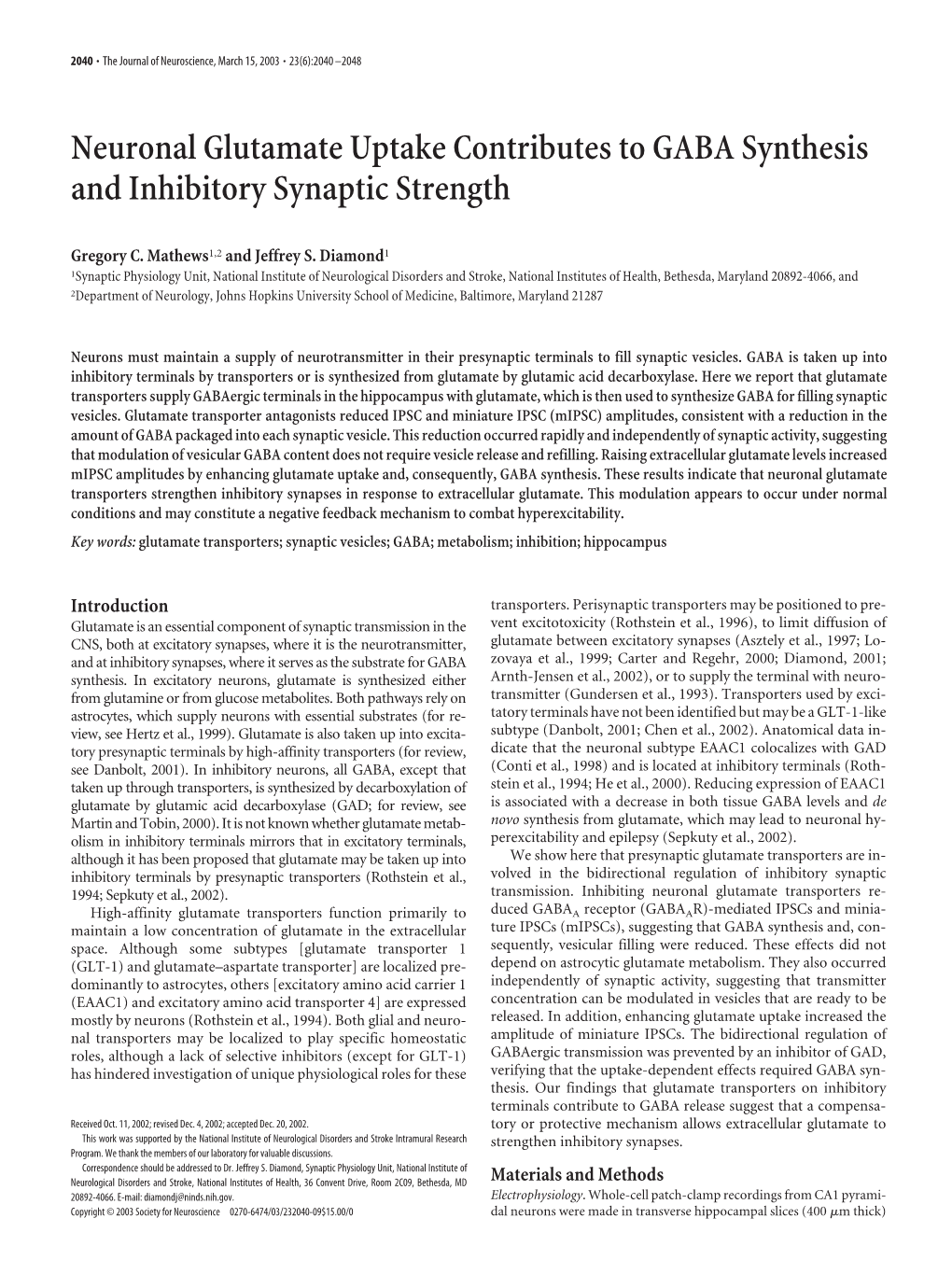 Neuronal Glutamate Uptake Contributes to GABA Synthesis and Inhibitory Synaptic Strength