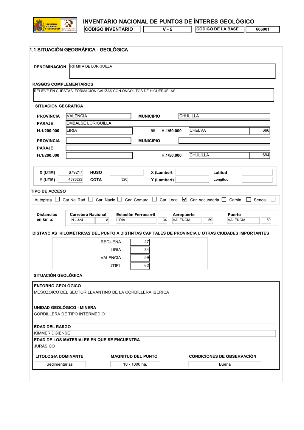 Inventario Nacional De Puntos De Ínteres Geológico Código Inventario V - 5 Código De La Base 666001