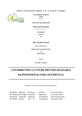 CONTRIBUTION À L'etude PHYTOECOLOGIQUE Du POURTOUR De L'erg OCCIDENTAL