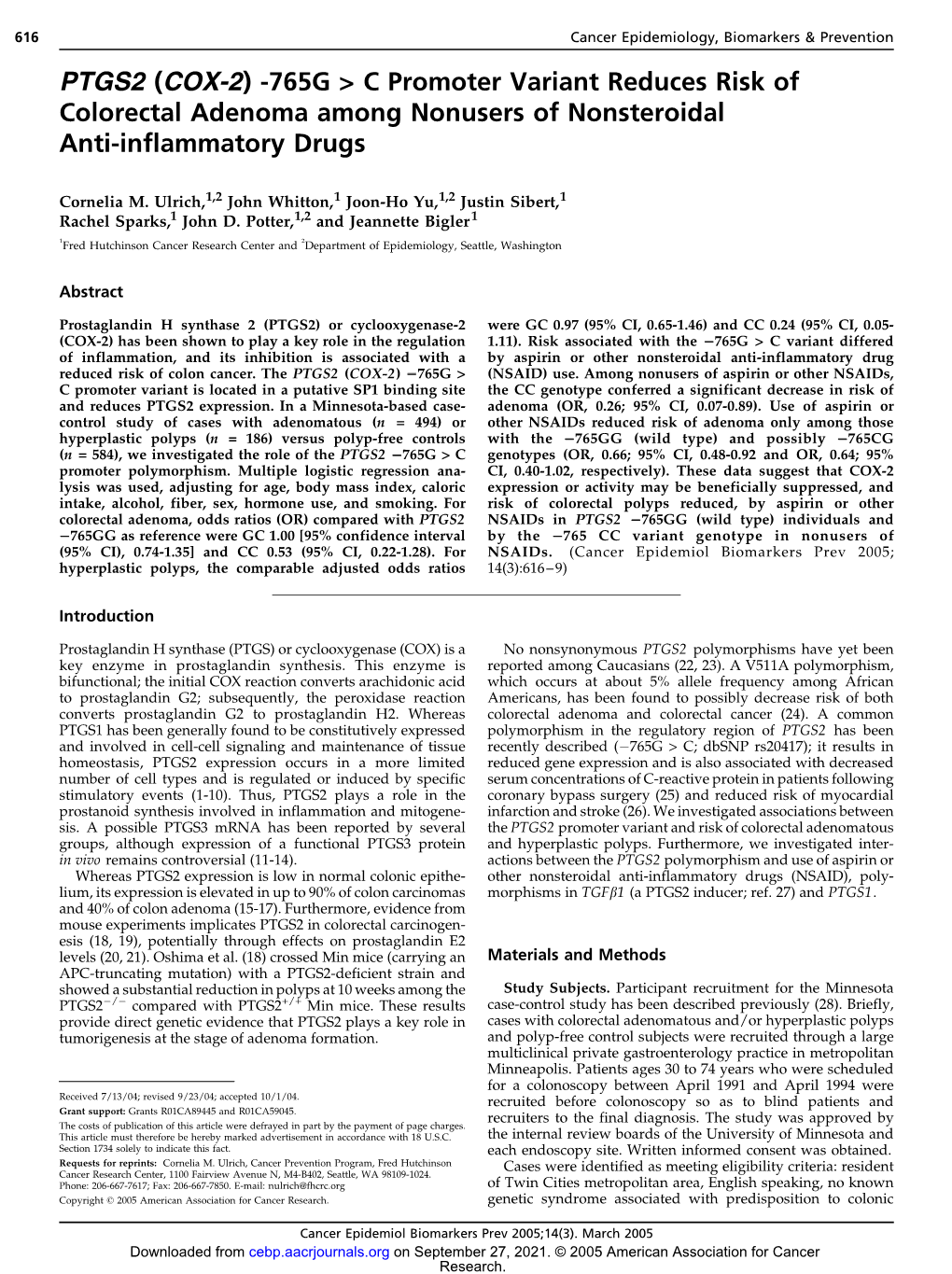 PTGS2 (COX-2) -765G &gt; C Promoter Variant Reduces Risk of Colorectal