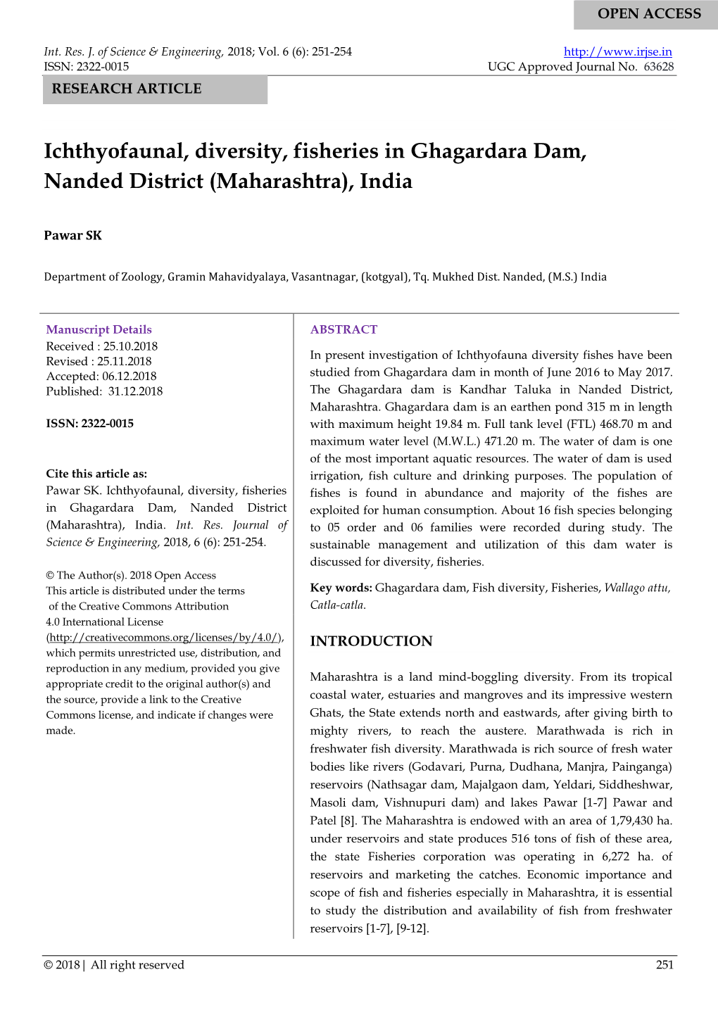 Ichthyofaunal, Diversity, Fisheries in Ghagardara Dam, Nanded District (Maharashtra), India