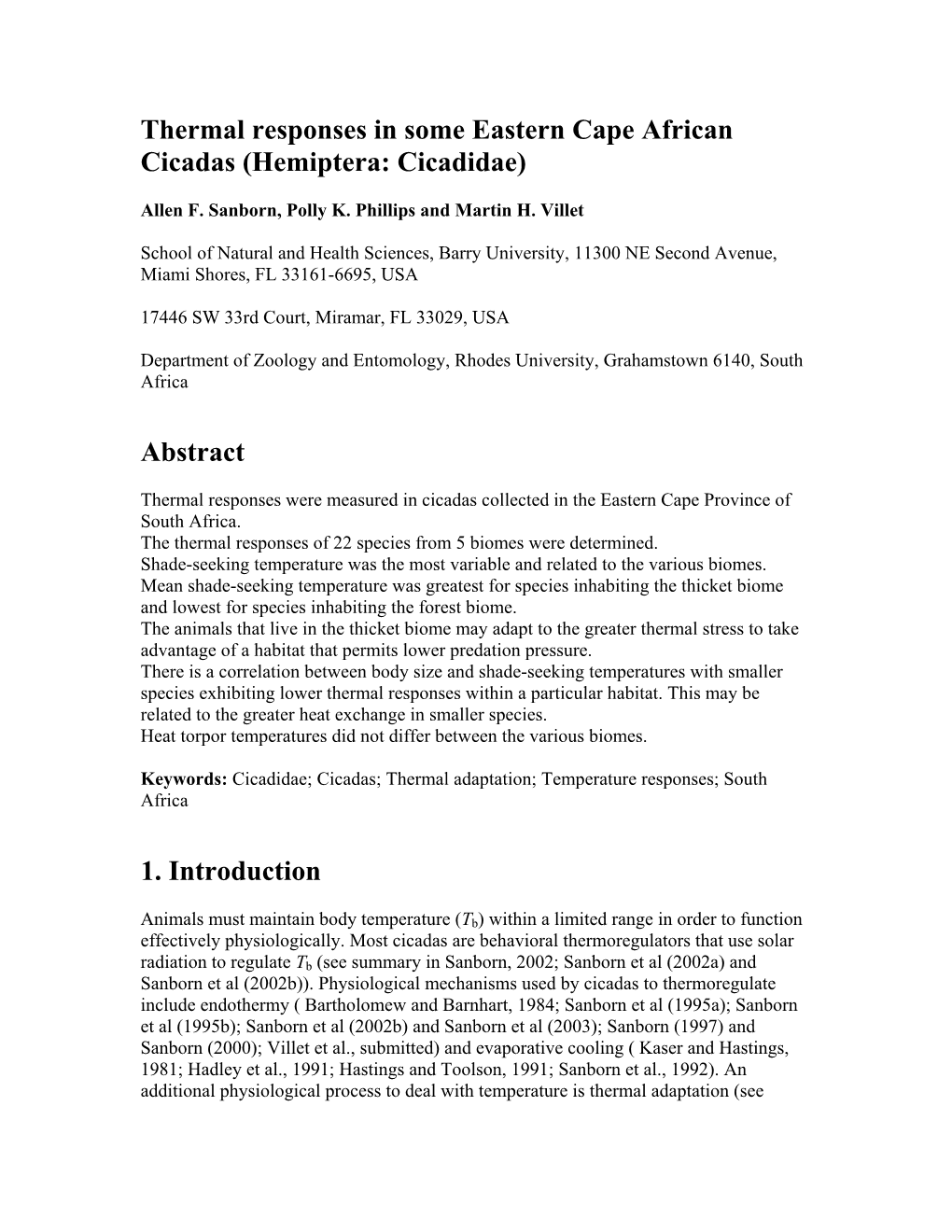 Thermal Responses in Some Eastern Cape African Cicadas (Hemiptera: Cicadidae)