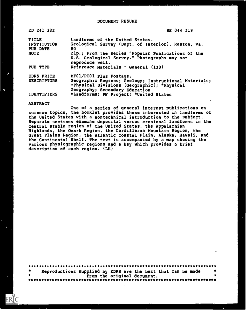 DOCUMENT RESUME SE 044 119 TITLE Landforms of The