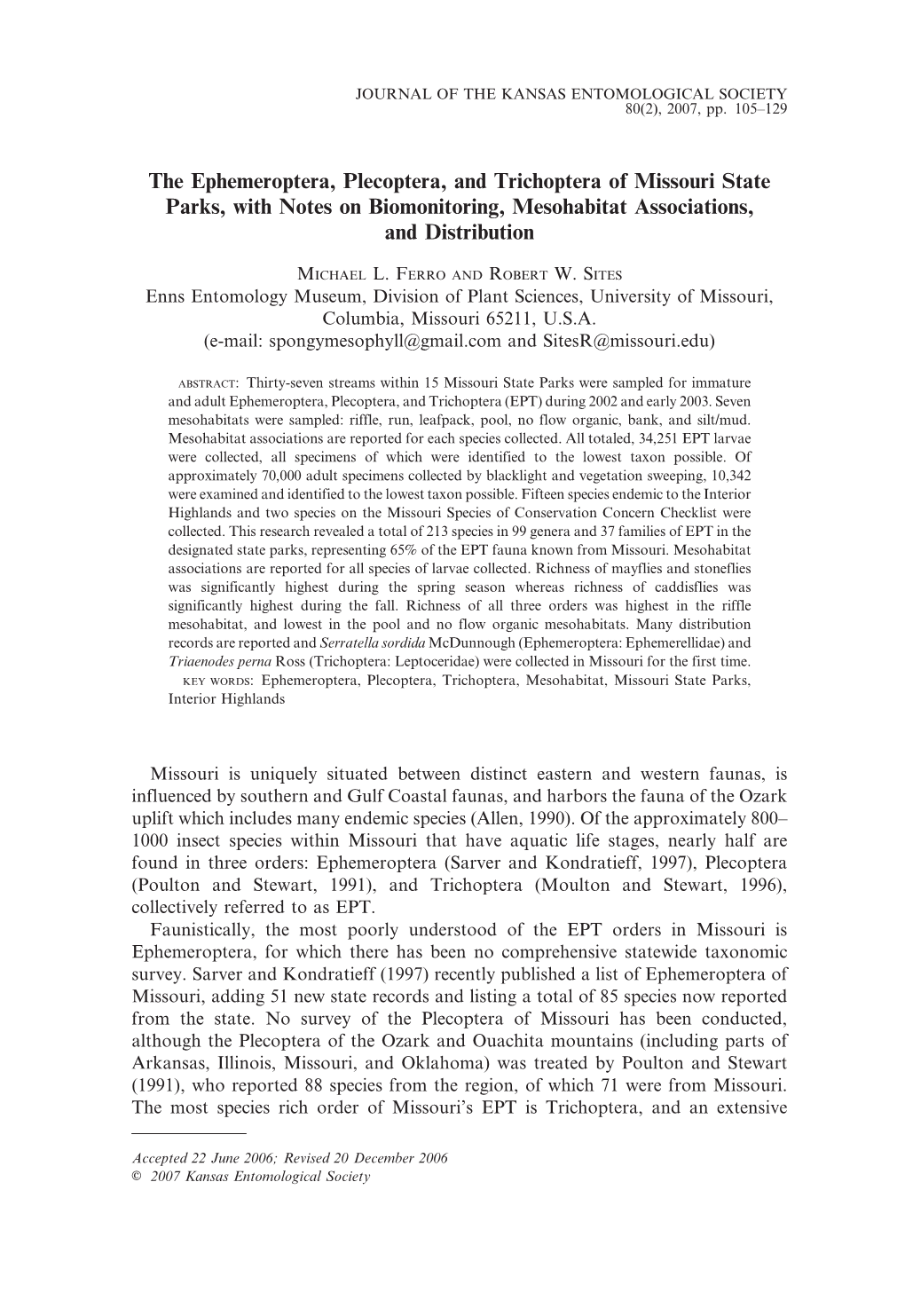 The Ephemeroptera, Plecoptera, and Trichoptera of Missouri State Parks, with Notes on Biomonitoring, Mesohabitat Associations, and Distribution