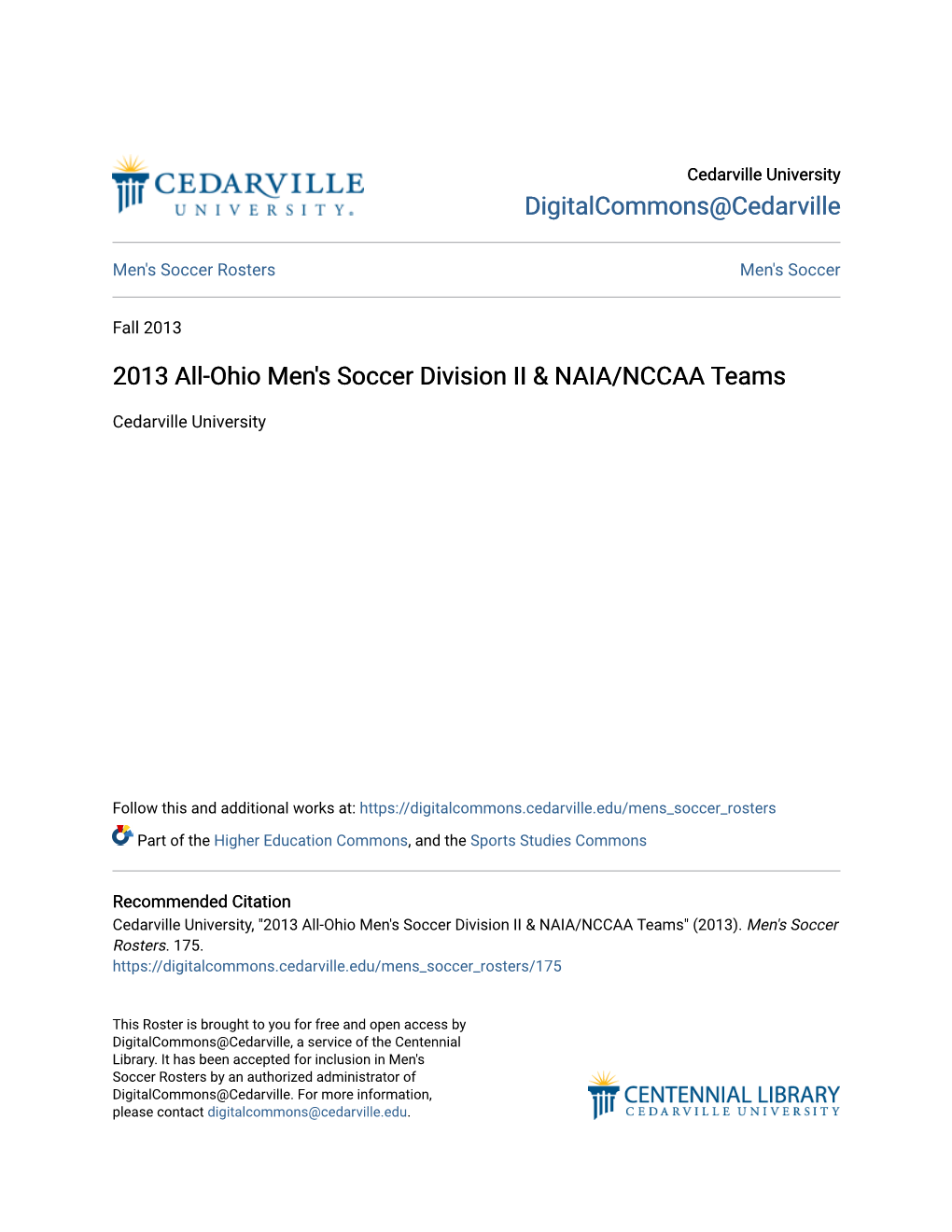 2013 All-Ohio Men's Soccer Division II & NAIA/NCCAA Teams