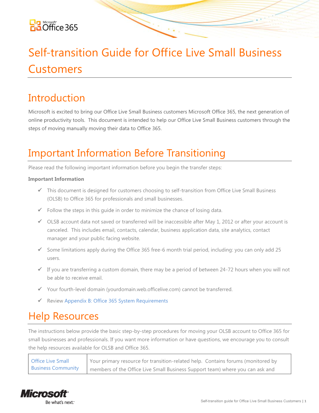 Self-Transition Guide for Office Live Small Business Customers