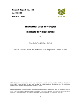 Industrial Uses for Crops: Markets for Bioplastics
