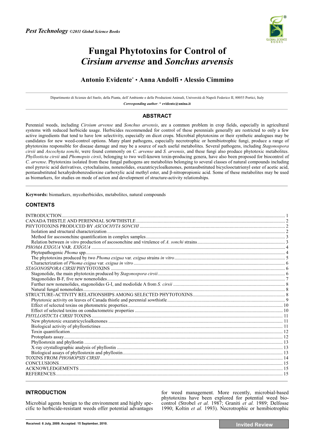 Fungal Phytotoxins for Control of Cirsium Arvense and Sonchus Arvensis Antonio Evidente* • Anna Andolfi • Alessio Cimmino