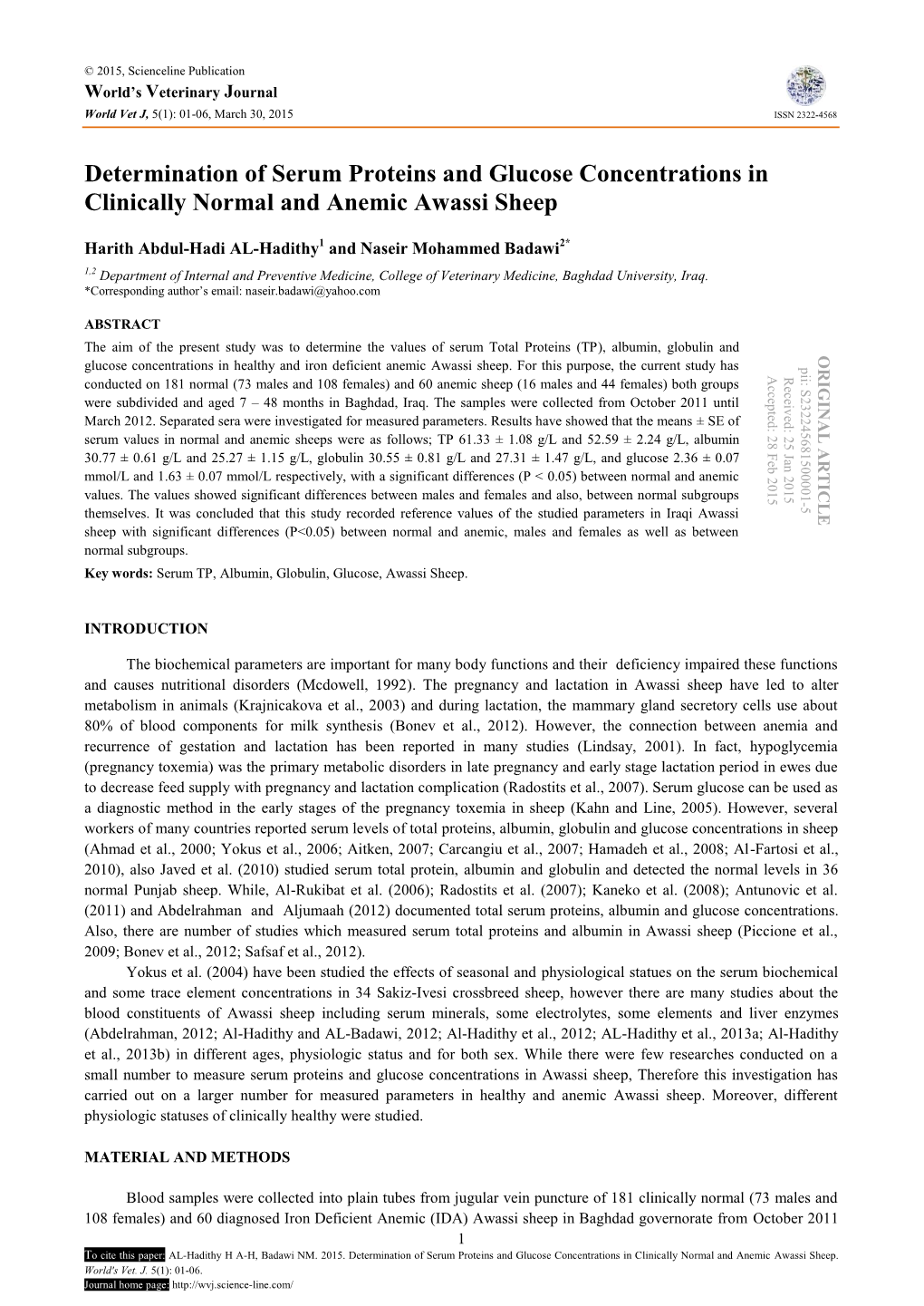 Determination of Serum Proteins and Glucose Concentrations in Clinically Normal and Anemic Awassi Sheep