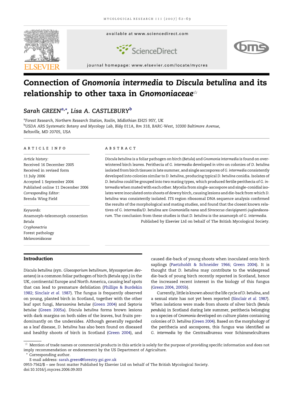 Connection of Gnomonia Intermedia to Discula Betulina and Its Relationship to Other Taxa in Gnomoniaceae5