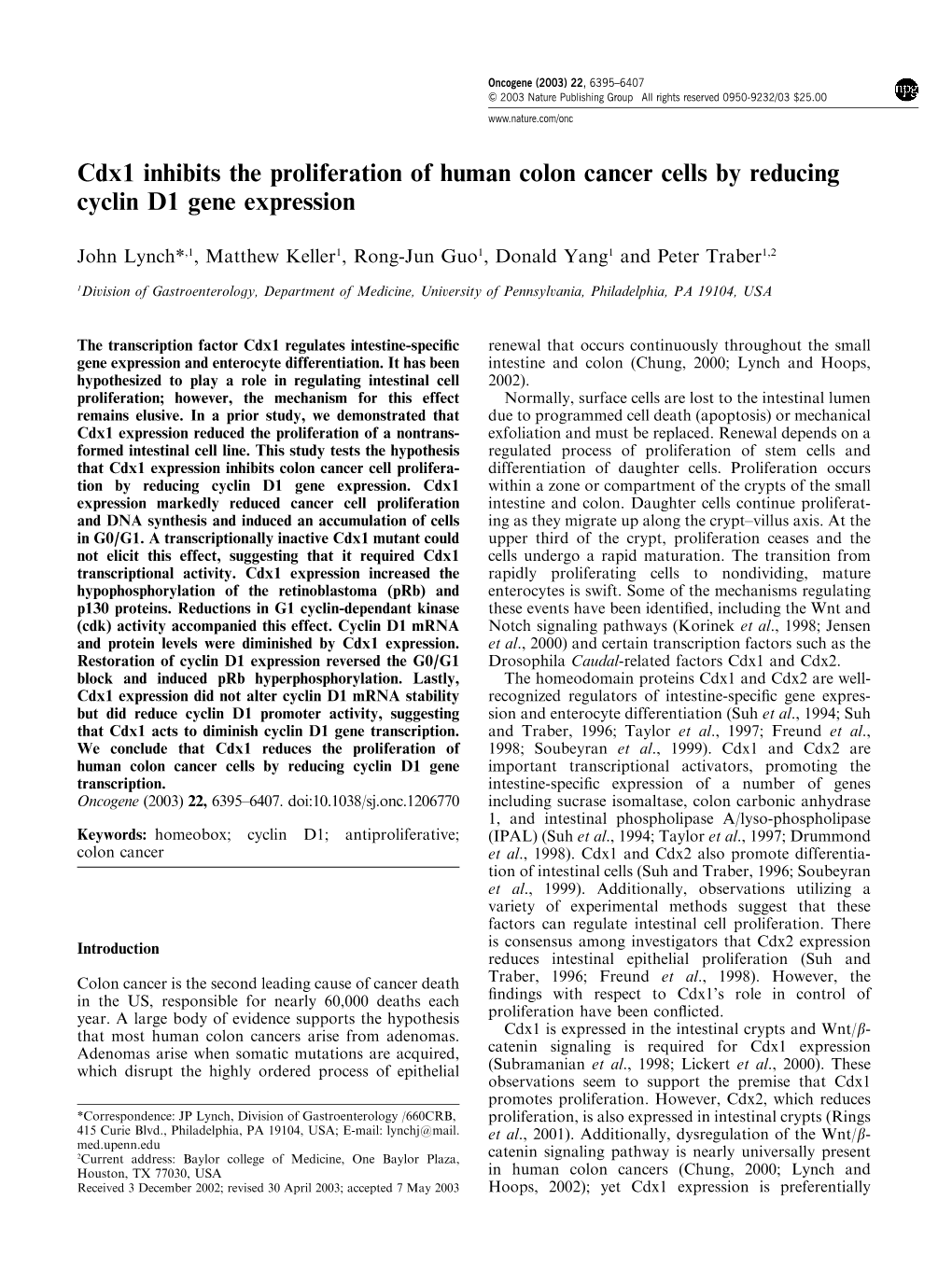 Cdx1 Inhibits the Proliferation of Human Colon Cancer Cells by Reducing Cyclin D1 Gene Expression