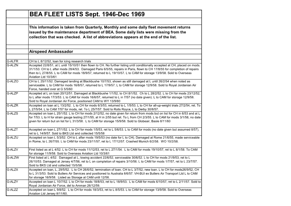 BEA FLEET LISTS Sept. 1946-Dec 1969