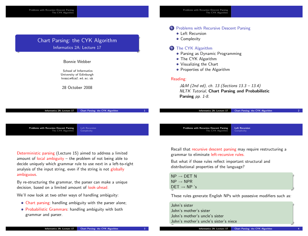 Chart Parsing: the CYK Algorithm Motivation: Ambiguity Left Recursion