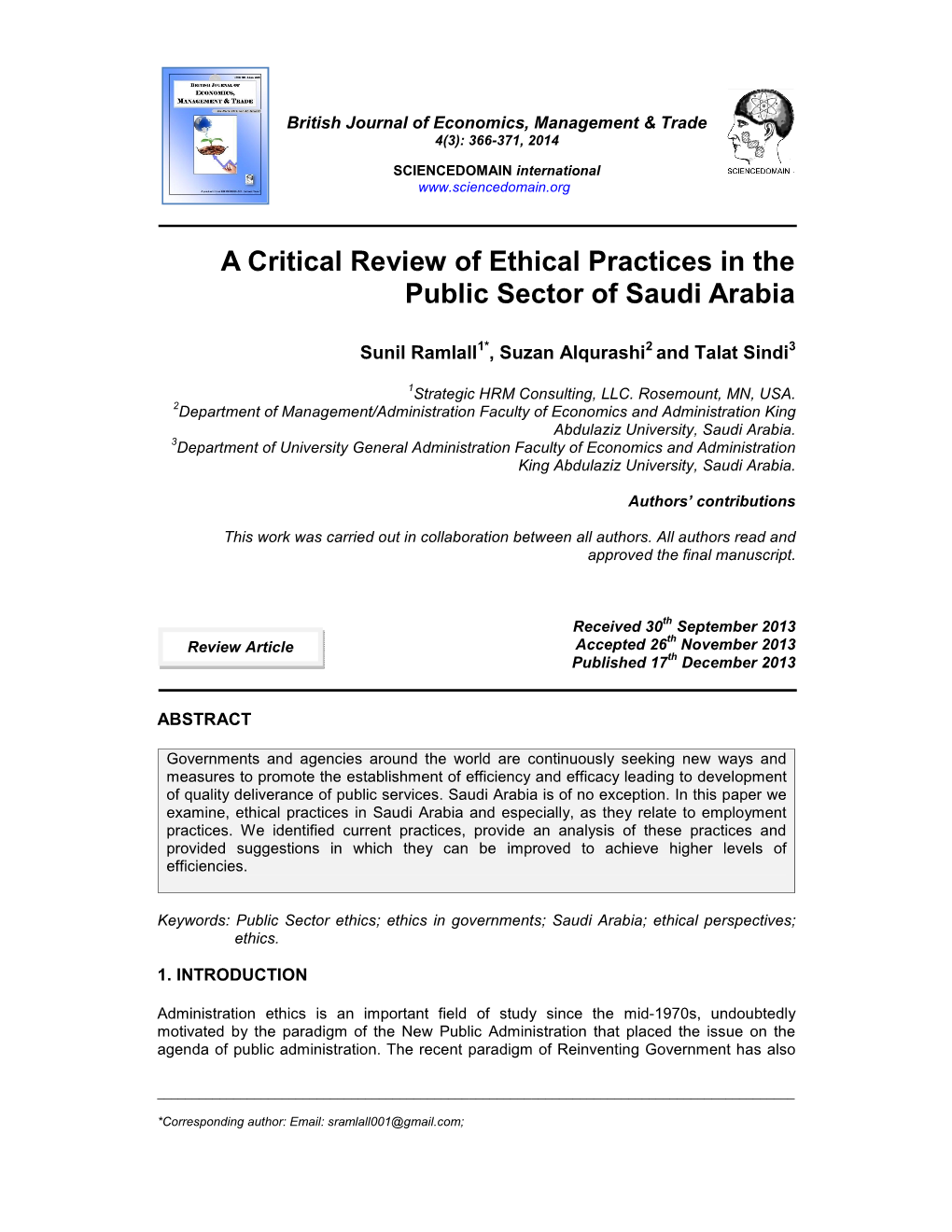 A Critical Review of Ethical Practices in the Public Sector of Saudi Arabia