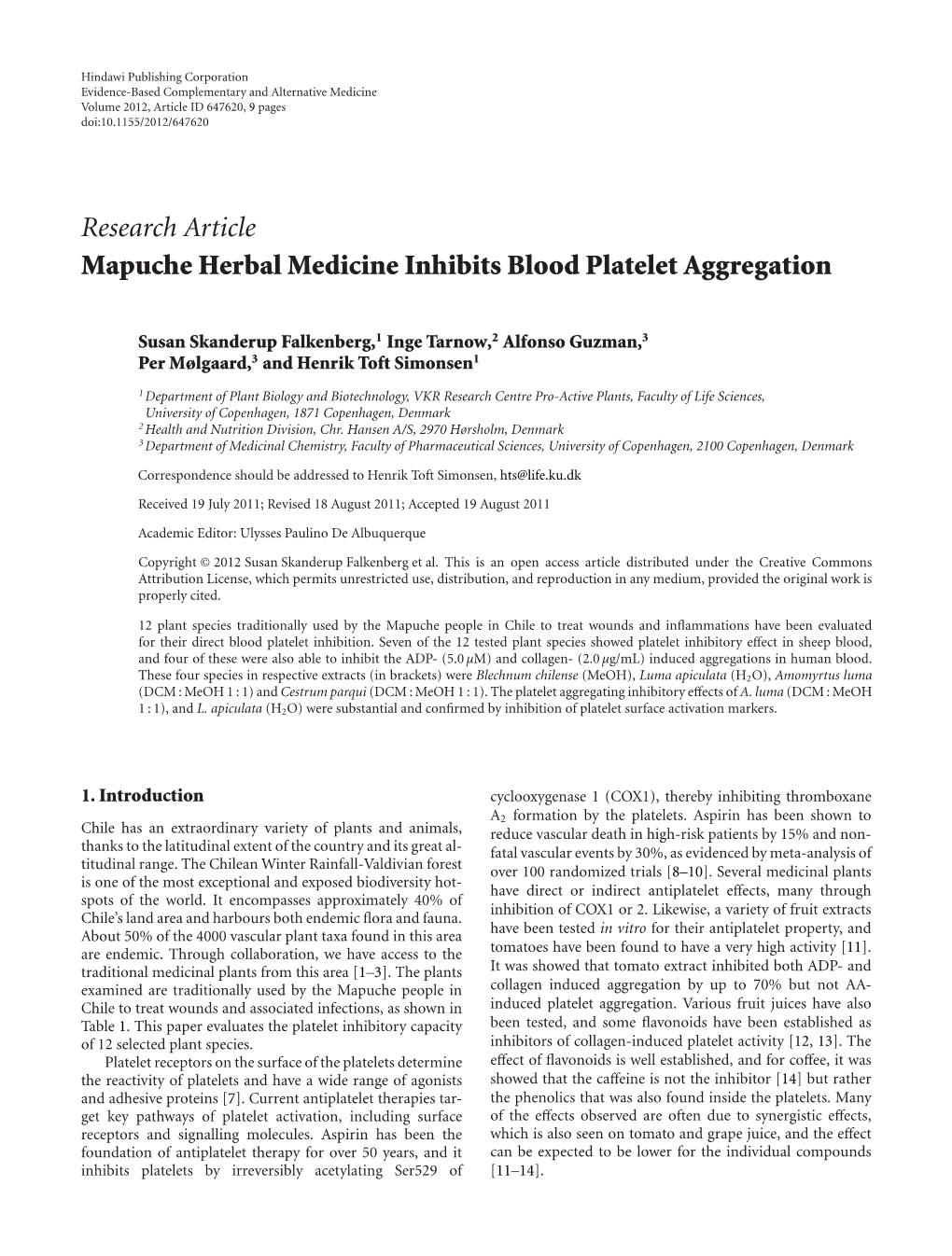 Mapuche Herbal Medicine Inhibits Blood Platelet Aggregation