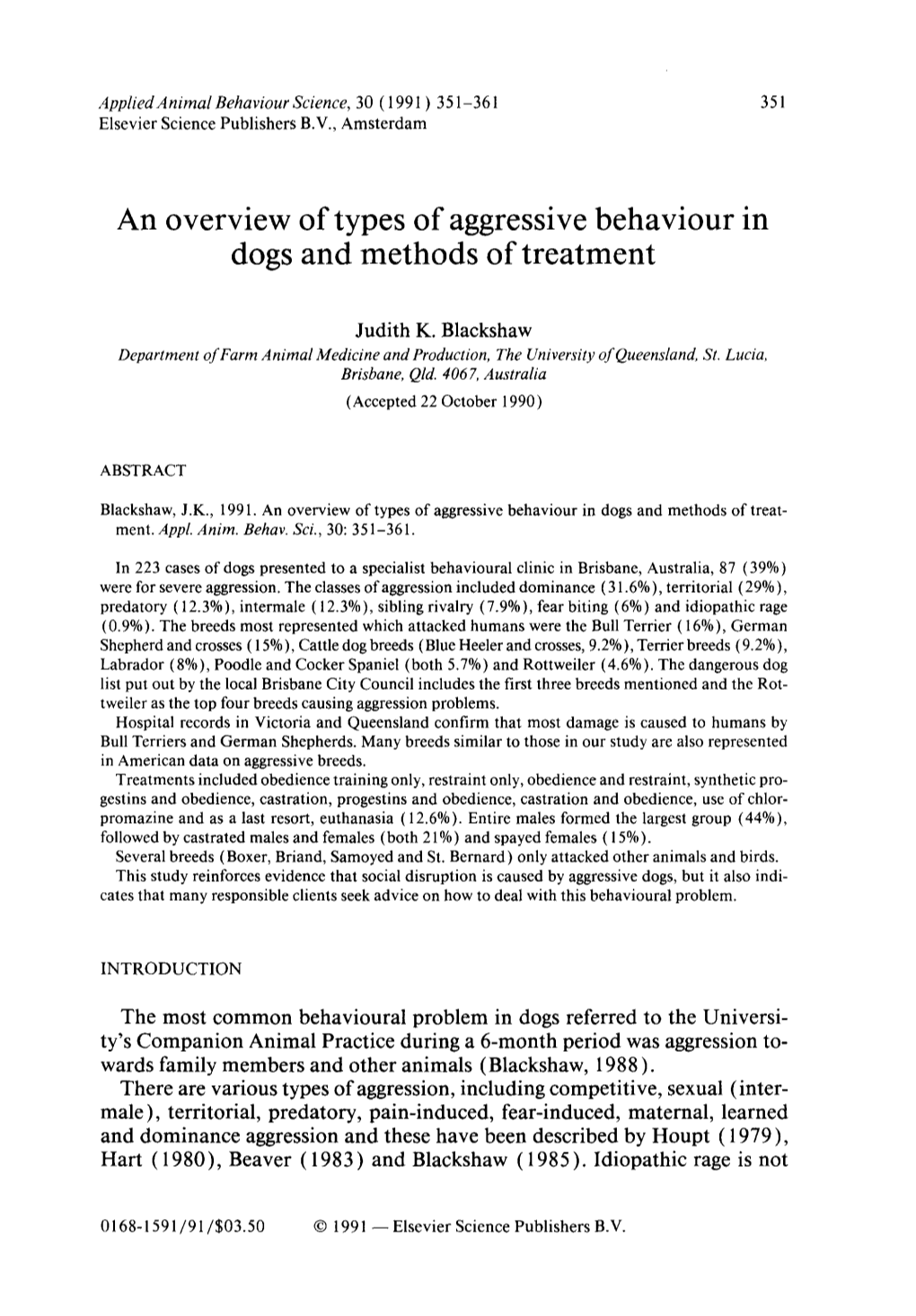 An Overview of Types of Aggressive Behaviour in Dogs and Methods of Treatment