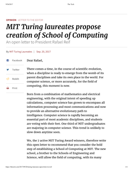 MIT Turing Laureates Propose Creation of School of Computing an Open Letter to President Rafael Reif