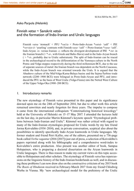 Finnish Vatsa ~ Sanskrit Vatsá- and the Formation of Indo-Iranian and Uralic Languages